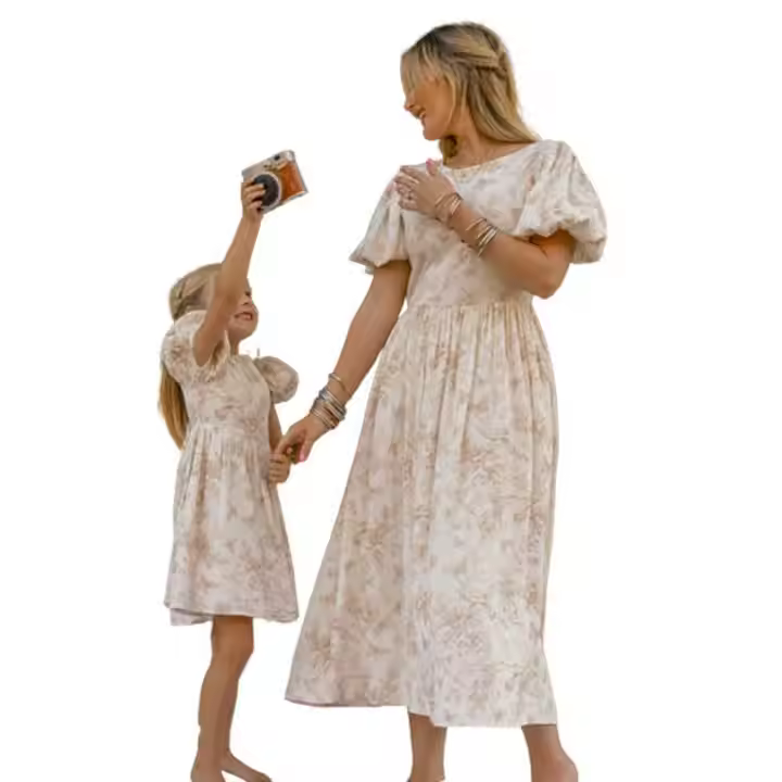 Summer Matching Dresses for Mother and Daughter Woven Fabric Family Clothing for Mother and Children