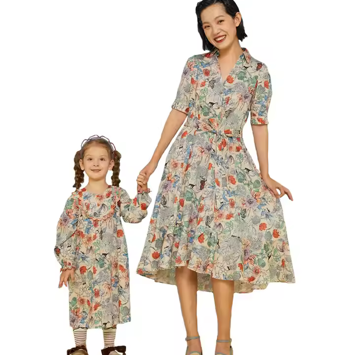 Hot Selling Beautiful Floral Print Classic Daily Family Matching Clothing Cotton Mommy and Me Summer Matching Dress Outfits
