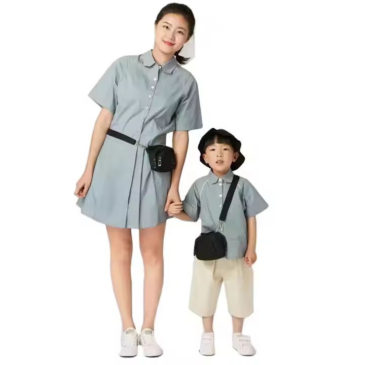 Mother and Son Series Short Sets Blue Colors Series Tops and Dress