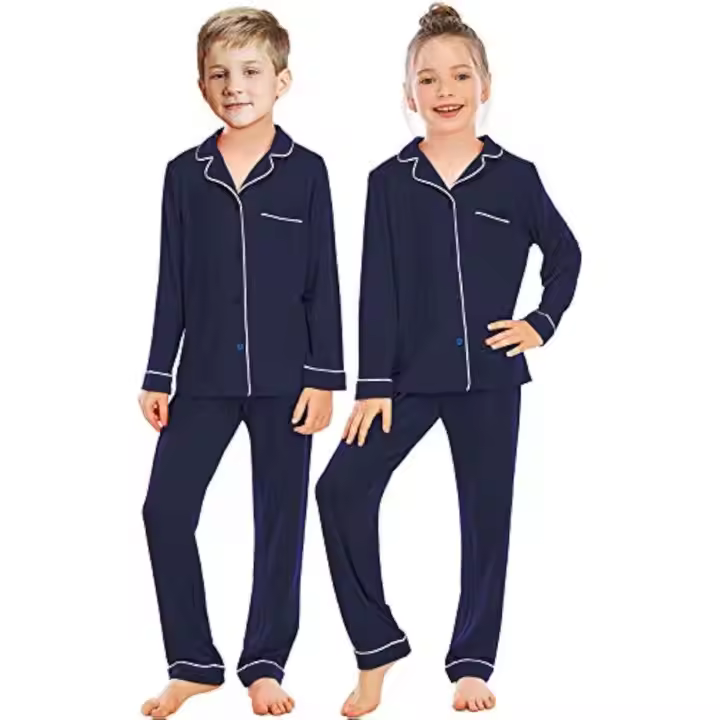Customized Solid Blank Black Navy Girls Children Pajama Suit Summer Set for Kids Long Sleeve Toddler Pajama Set