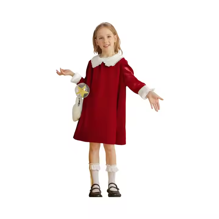 Quality Velvet Girls Dress Lace Round Collar Long Sleeves Design for Kids Wear Production by Gaoteng