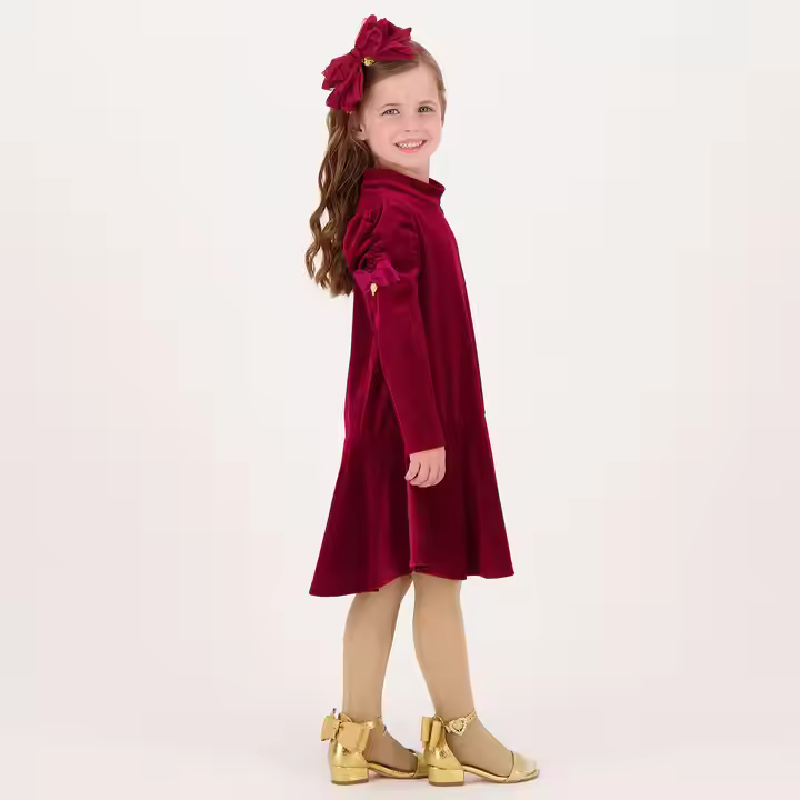 Private Label Velvet Dress for Girls Winter Kids Dress With Puffy Sleeves Thickened Velvet for Christmas ODM Supply