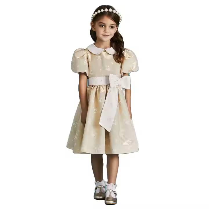 Guangzhou Kids Golden Peterpan Collar Technics Embroidery Summer Girl Dress White Bow