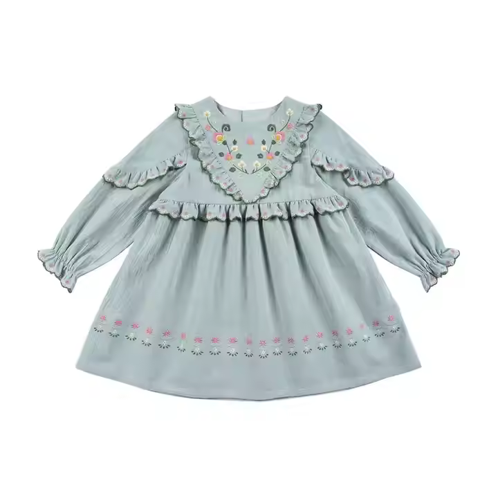Fashion Summer Clothes Long Sleeve Knee Length Pleated Embroidery Dress Kids Girl OEM & ODM Supplier