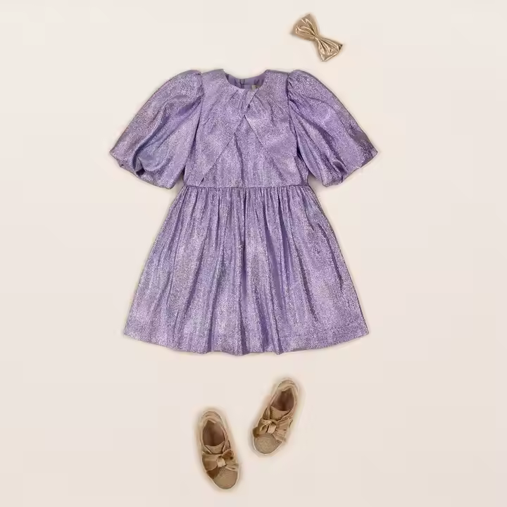 Custom Fashion Metallic Elegant Girls Dress O-Neck Solid Pattern Purple for Kids 10-14 Years with Puffy Sleeves Summer Dress