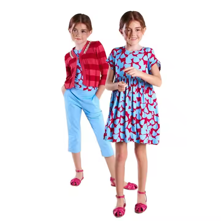Guangzhou Private Label Girls Dresses Big Sister Little Sister Jacquard Outfit Shoulder Bow Print Summer Clothing 2-12 Years Old
