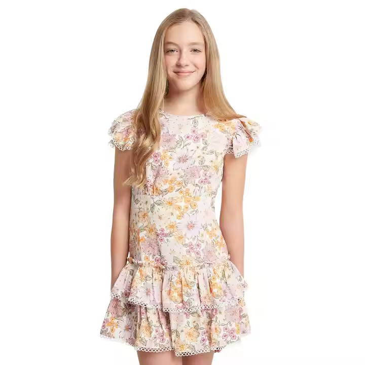 ODM Knee-Length Kids Dress With Lace Trimming Summer Dress Designs for Teenage Girls Formal Sweet Style for Ages 10 Years Above