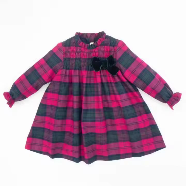 2025 Customize Kids Girls Dress With Velvet Bow Decoration Plaid Cotton Fabric Children Dress Summer Design