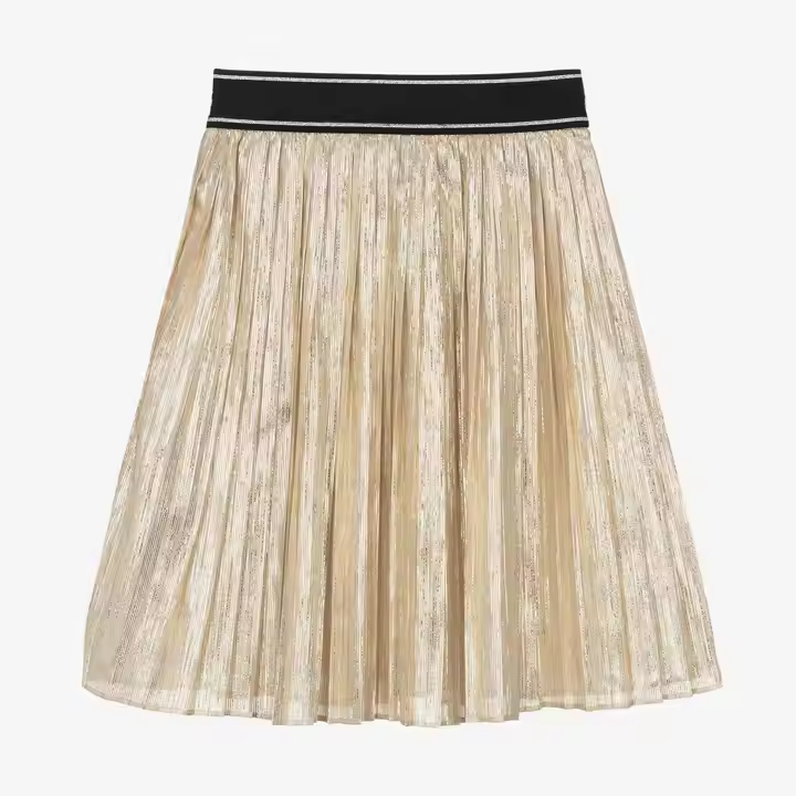 Custom Brand Logo Gold Metallic Pleated Midi Skirt for Girls and Teenage Kids Fashionable Kids Skirts With Elastic Band