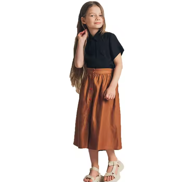 New Bestseller Casual Long Skirt for Girls Breathable Popular with Button Decoration Plain Dyed for School Use Small Children