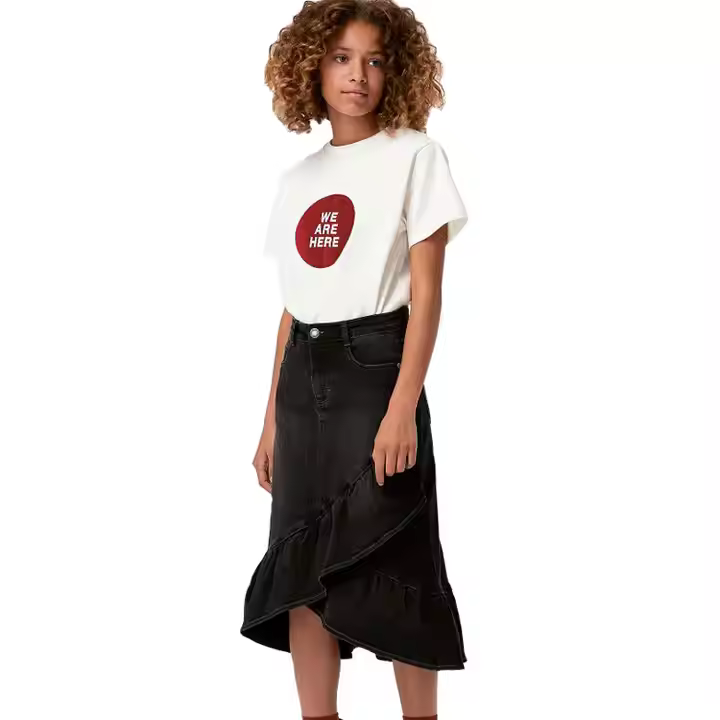 Professional OEM/ODM Summer Casual Girls' Skirts Black Long Denim with Irregular Length Button Decoration Simple Design