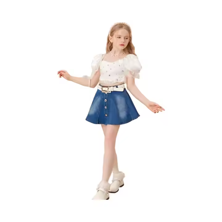 Kids Cotton Denim Skirts for Girls Mini Length Casual Jean Skirts with Ruffle Decoration
