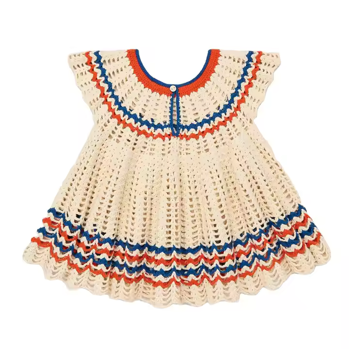 Beige Crocheted A-Line Girl Dress Customizable O-Neck Sleeveless Dot Pattern Children 10-12 Years Old Summer Season ODM Supply