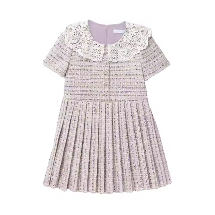 Wholesale Elegant A-Line Dot Pattern Girls Dresses Summer Crocheted O-Neck Sleeveless Youth Dress for Children
