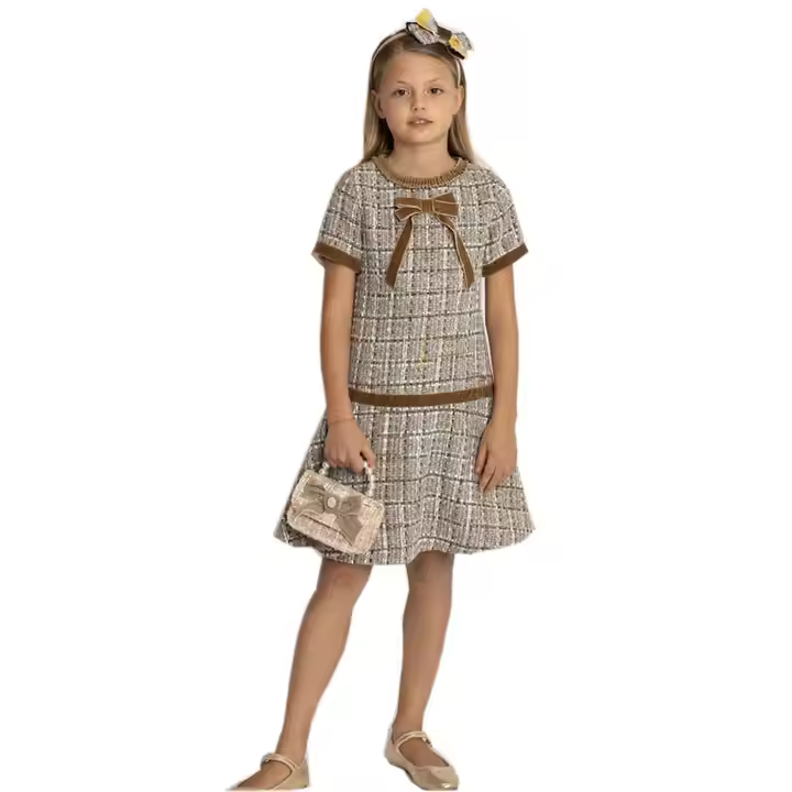 Guangzhou Children Elegant Dress Short Sleeve Ruffled Trims O-neck Plaid Tweed Dress for Kids Baby Girls