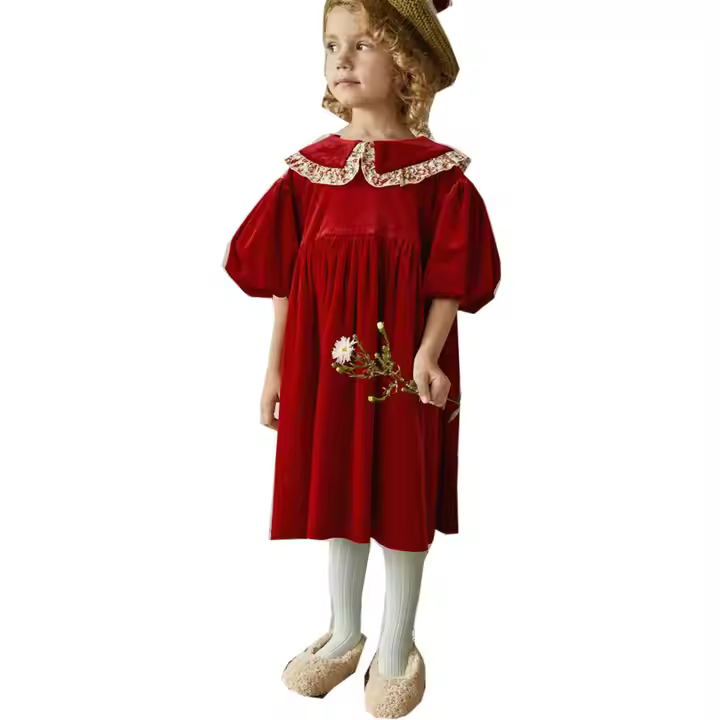 Guangzhou Princess Party Children's Clothes Kids Clothing Wholesale Puff Short Sleeve Kids Red Velvet Dresses for Baby Girls