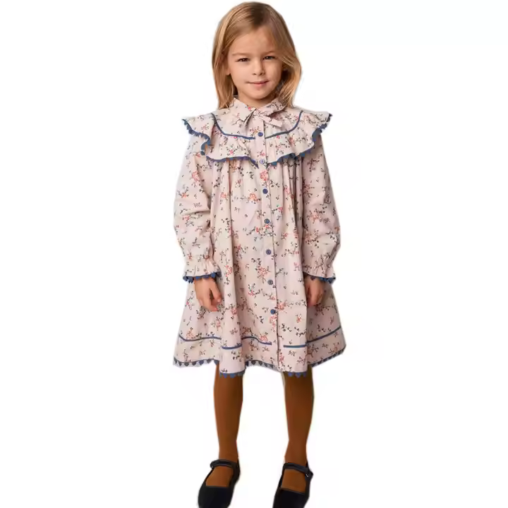 Kids 100% Cotton Dress Long Sleeve Spring Autumn Floral Print Dress Ruffled Collar Bow Children's Fashion Girl Dress