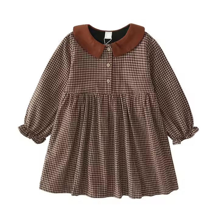 New arrival fashion girl dresses cotton peter pan collar plaid long sleeve dress for girl