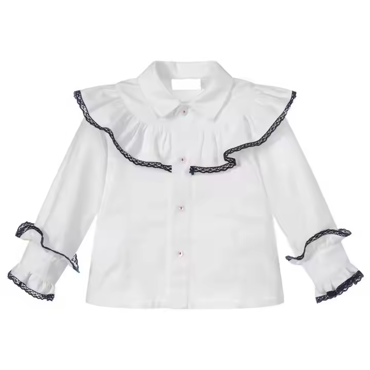 Organic cotton beautiful custom white kids shirt lace flouncing girl's shirt