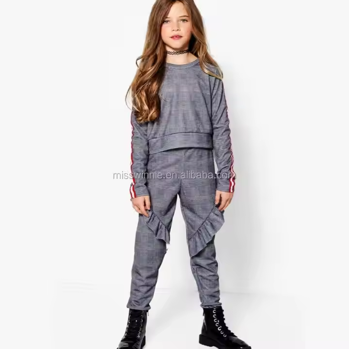 Children Girl Latest Clothing Sets Cotton Fabric Plaid With Ruffles Casual Style Girl's Clothing Set Guangzhou Kids Clothes