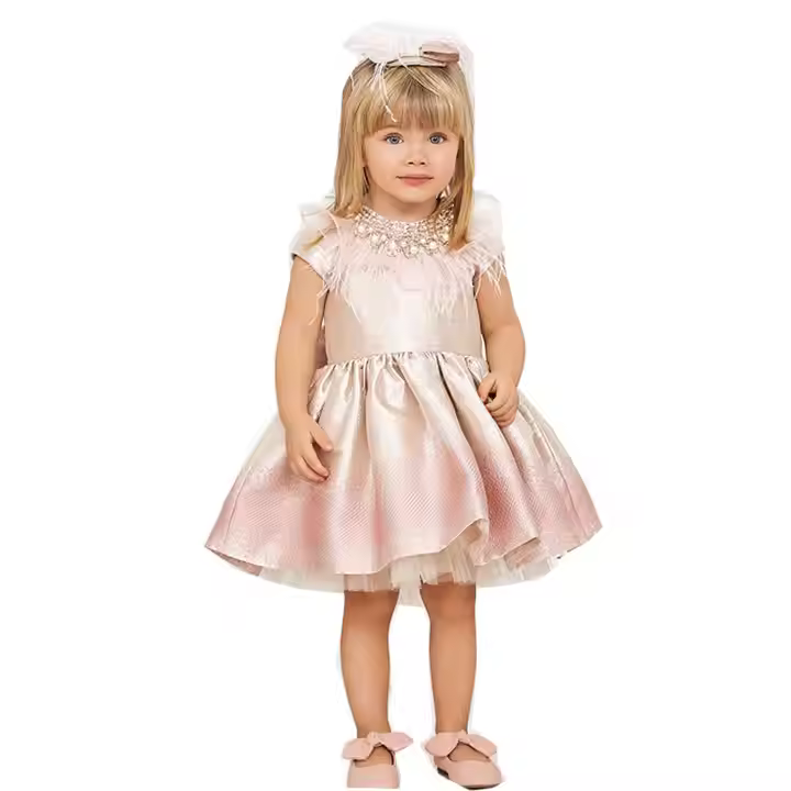 Customized Design Princess Girls Dress Beading Collar Tulle Ruffles Big Bow on the Back Kids Latest Party Dresses for Girls