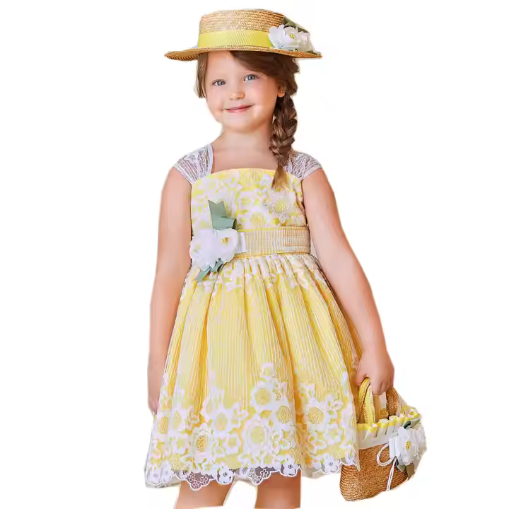 Embroidery Lace pattern pinafore dress with belt design for baby girls production by Gaoteng company