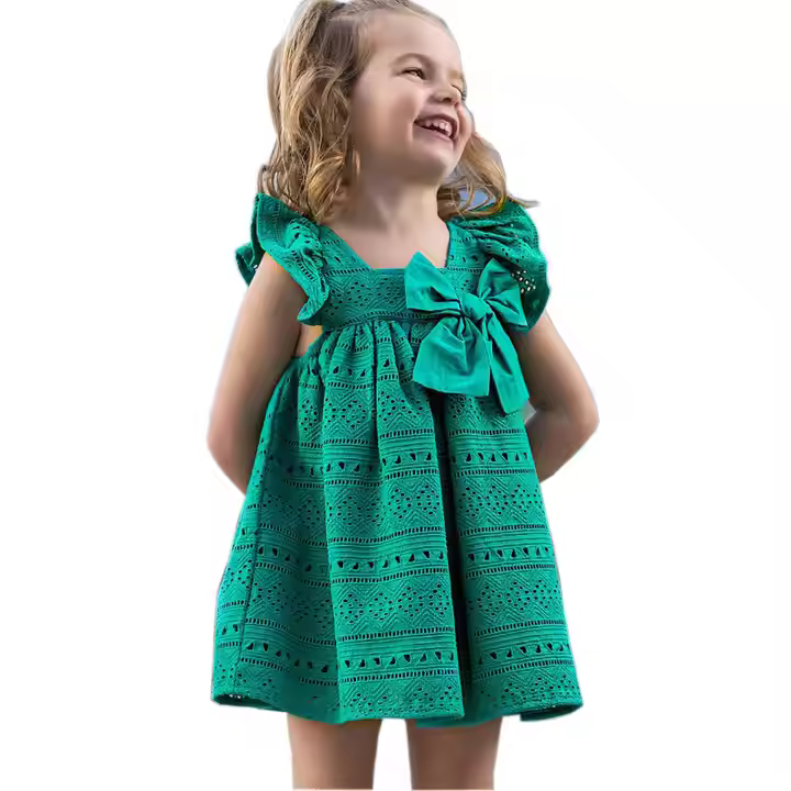 2025 Summer Children Clothing Green Fashion Embroidery Pattern Toddler Girls Kids Dress