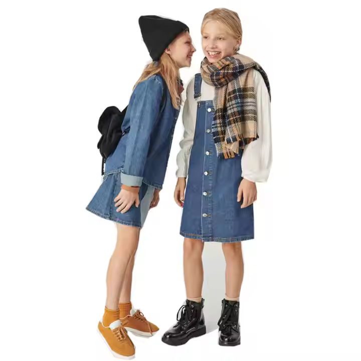 Front Buttons Kids Denim Overalls Dress Cotton Girls Suspenders Pinafore Dress Children