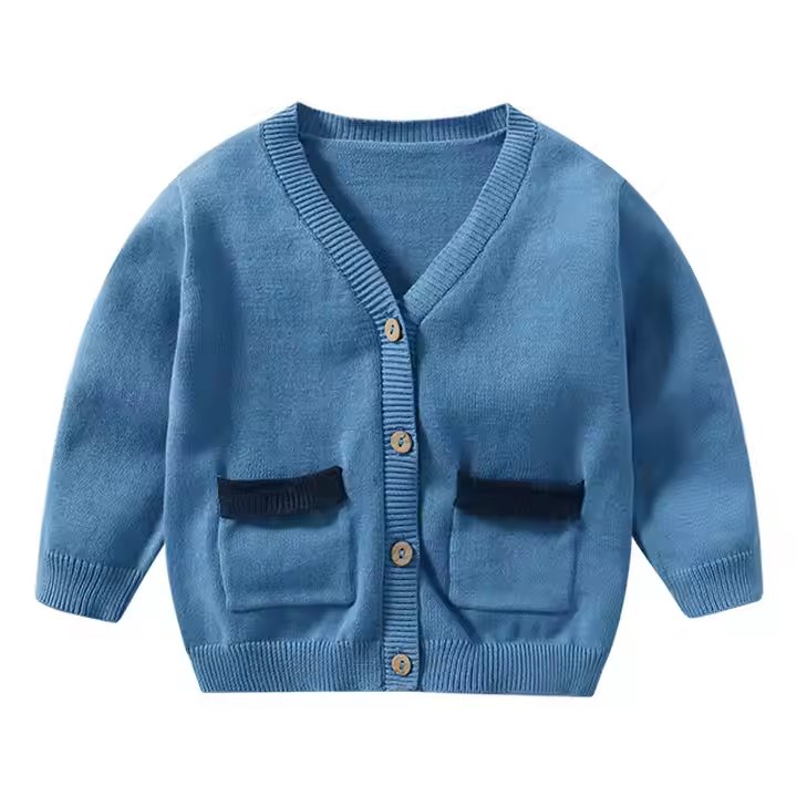 Guangzhou Wholesale Simple Casual Knit Sweater Custom Blue Comfortable and Soft Autumn Winter Kids Baby Cardigan Sweater