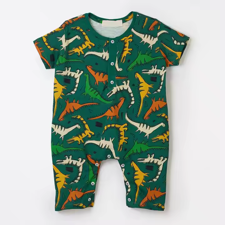 Custom Organic Cotton Baby Romper Allover Print Summer Infant Newborn Boy Clothing with Snap Buttons