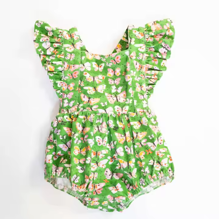 Custom High Quality 2025 Baby Girl Bamboo Romper with Digital Allover Print Ruffle Sleeves Summer Bubble Romper from Factory