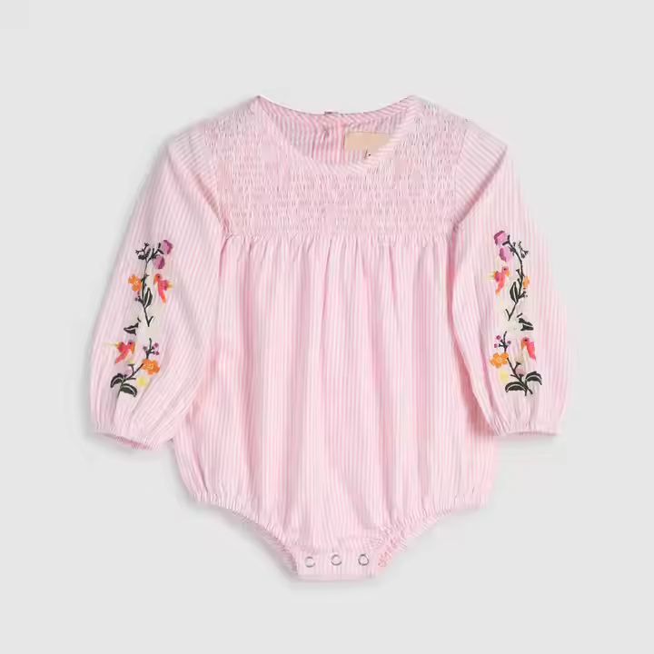 Custom Pink White Stripe Seersucker Cotton Romper Cute Newborn Baby Girl Onesie with Embroidered Sleeve ODM Supply