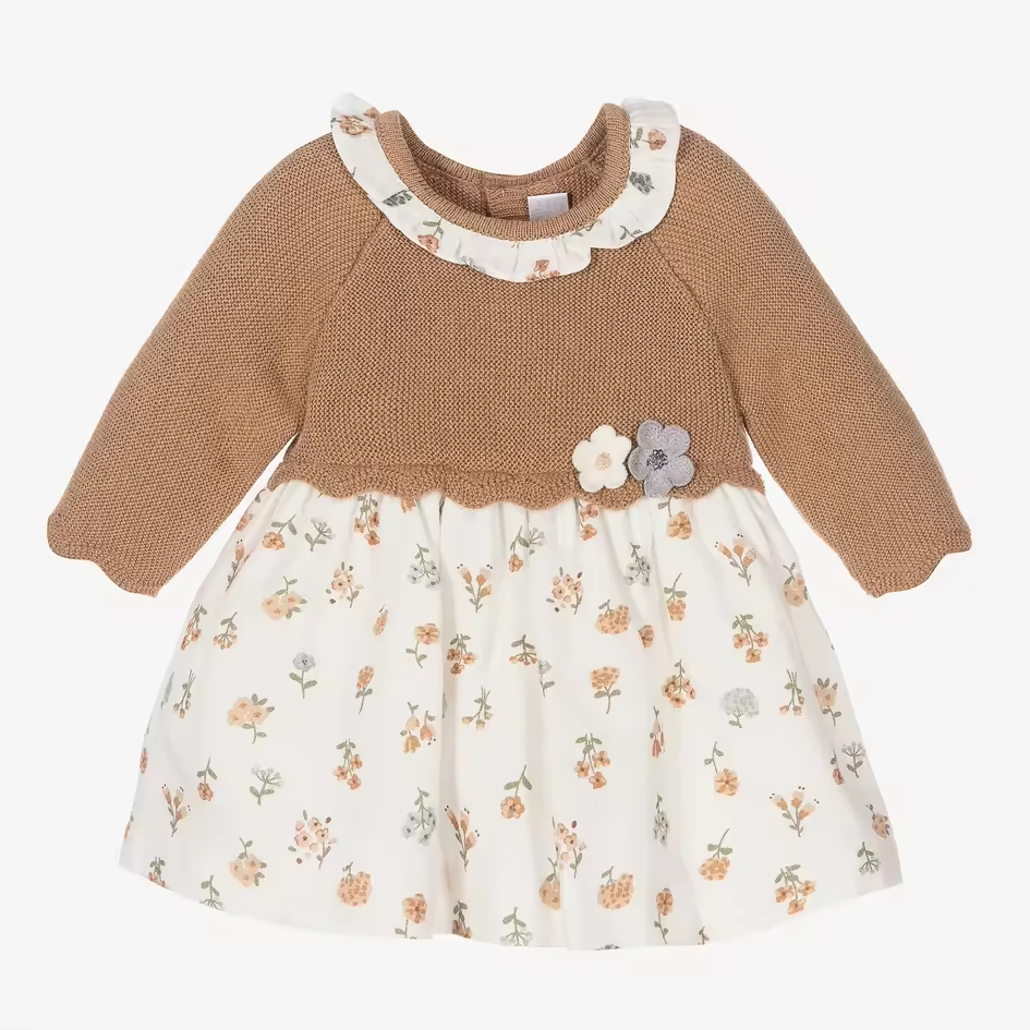 Custom Private Label Girls Cotton Dresses Kids Winter Autumn Natural Oat Sweater Dress With Floral Print Baby Toddler Dresses