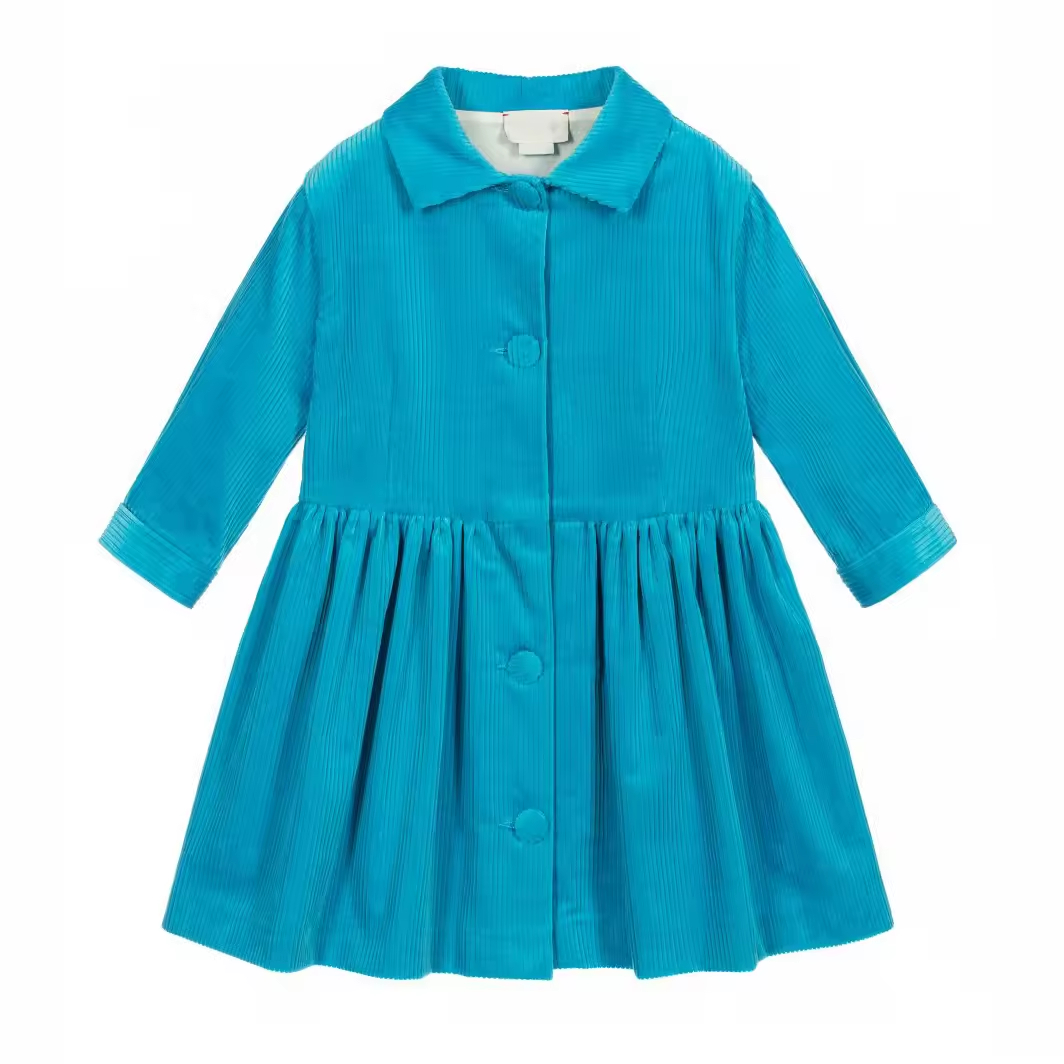 Custom Brand Bright Blue Girls Corduroy Dress for Kids Front Button Down Toddler Girls Dresses With Belt