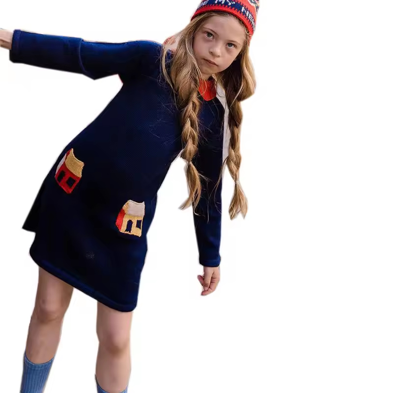 OEM Custom Long Sleeve Winter Pullover Dress for Kids Cotton Knit Wear with Striped Pattern Suitable Age Group Children