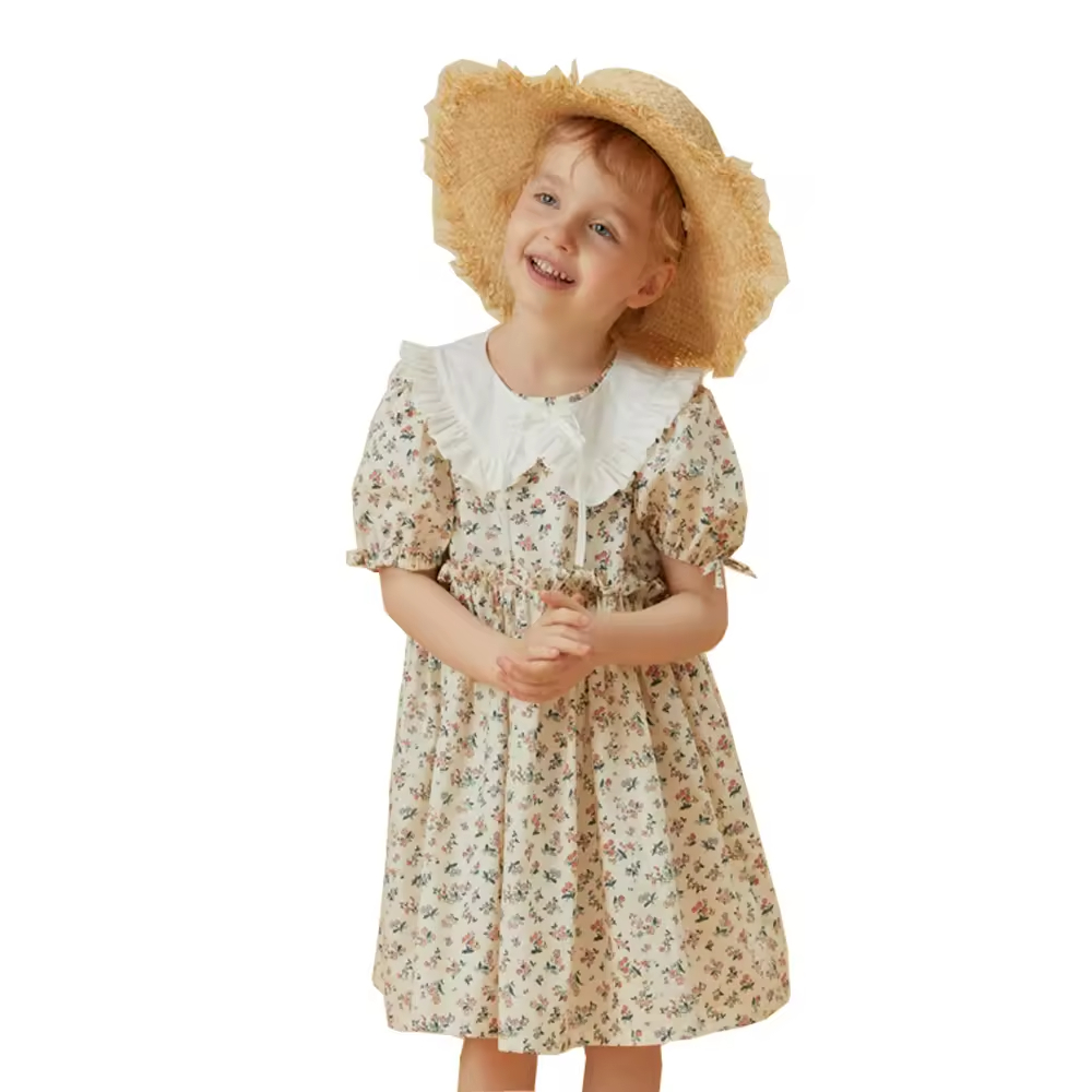 Kids Clothes Dress With Printing Lapel Collar Puff Sleeves Gathering Waist OEM By Gaoteng Manufacturer