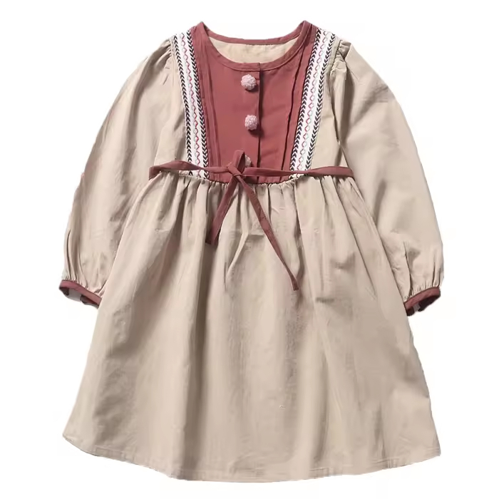 Vintage Girls Designer Dress Elegant A-Line Style With O-Neck Long Sleeve Woven Fabric Age Group Children Season Autumn
