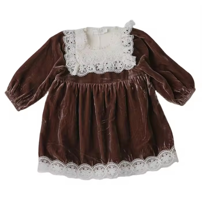 OEM Wholesale Winter Infant Toddler Girls Outwear Clothing Velvet Dress Lace Skirt Solid Pattern Baby Kids Appropriate for Age