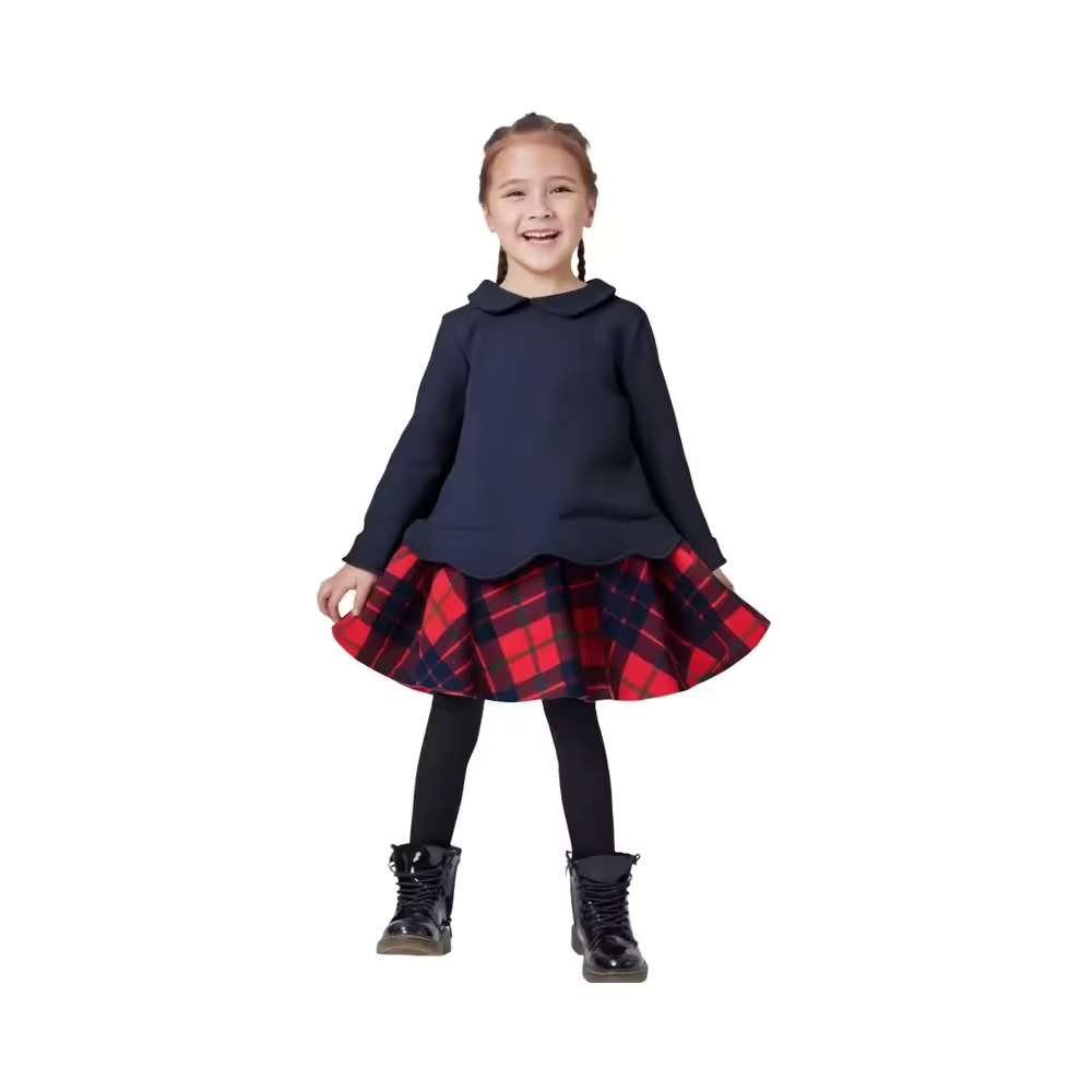 Winter knitted kids clothing A-line little girl printing dress with peter pan collar