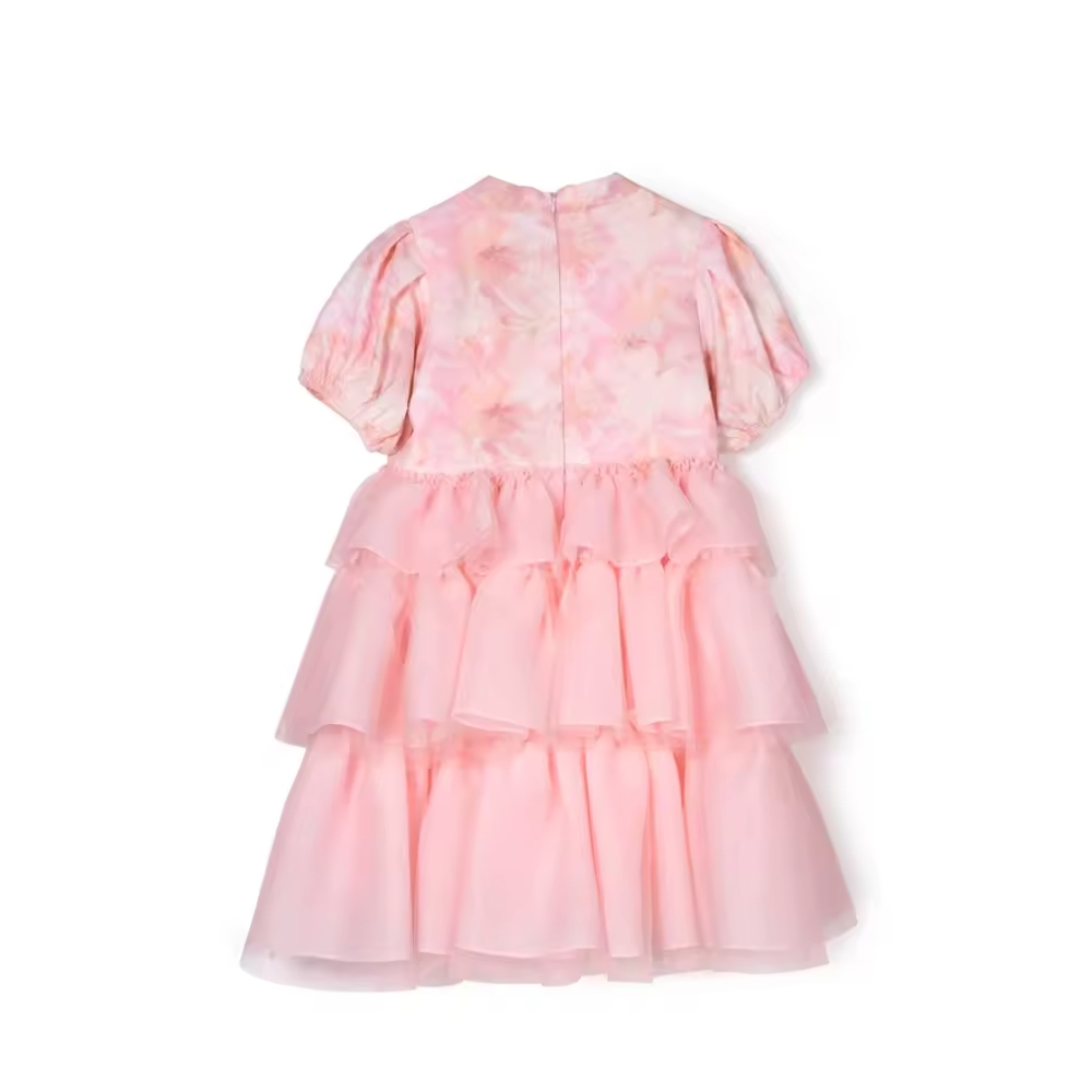 Modern Cute Girls' Summer Dress O-Neck Pink Short Sleeve Woven Fabric Bow Decoration for Vacations Wholesale Children's Clothing