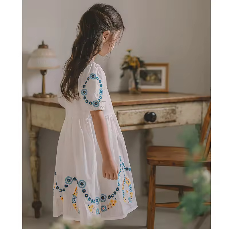 Kids Embroidery Dresses for Girls Factory Wholesale 2024 Newest Embroidery Flower Designed Dress Toddler Kids From 3-8 Years Old