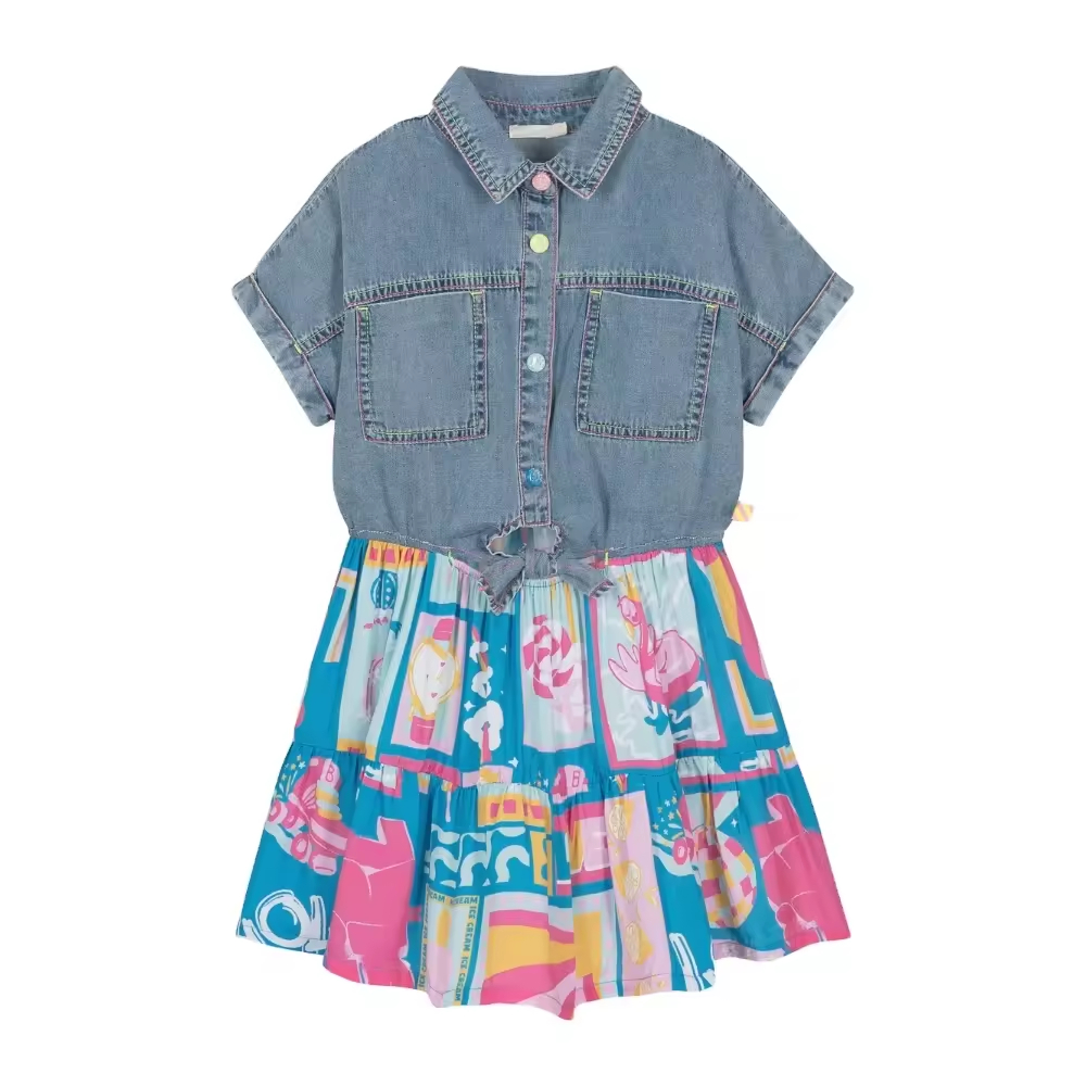 Casual Summer Dress Children Short Sleeve O-Neck Woven Breathable Anti-Wrinkle Fabric Bow Decoration 8-Year-Old Lady ODM Supply