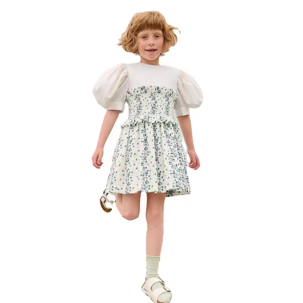 Guangzhou Custom Girls Dresses Floral Print Casual Short Sleeve Summer Smock 2-12 Years Old ODM Baby Girl Clothing