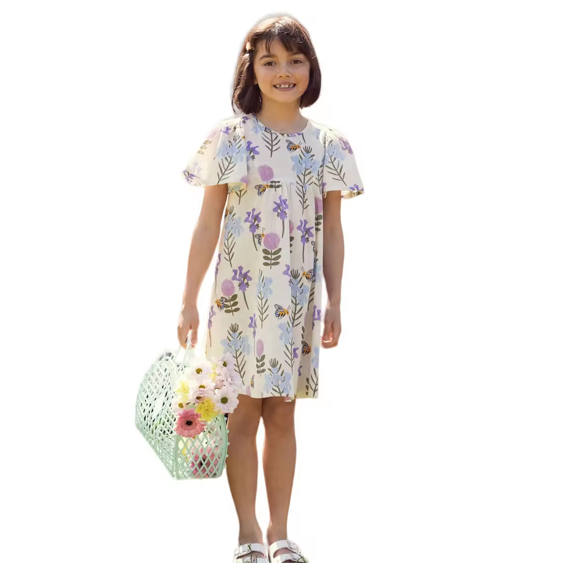 12-Year-Old Girl's Summer Dress Casual Children's Polyester/Cotton With Flare Sleeve Purple Floral Design ODM Supply