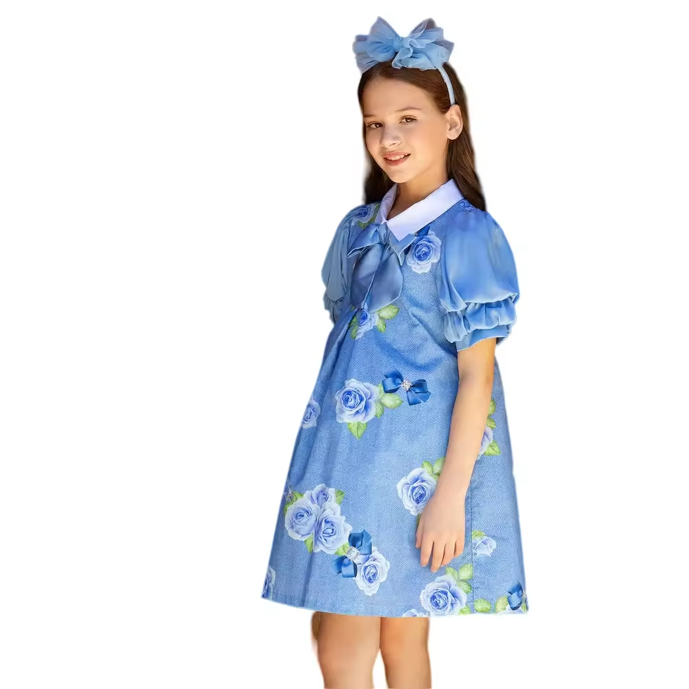 Custom Print Blue Floral Stylish Girls' Dress With White Turn-Down Collar for 12-Year-Old Girls Youth Kids Girl Dresses