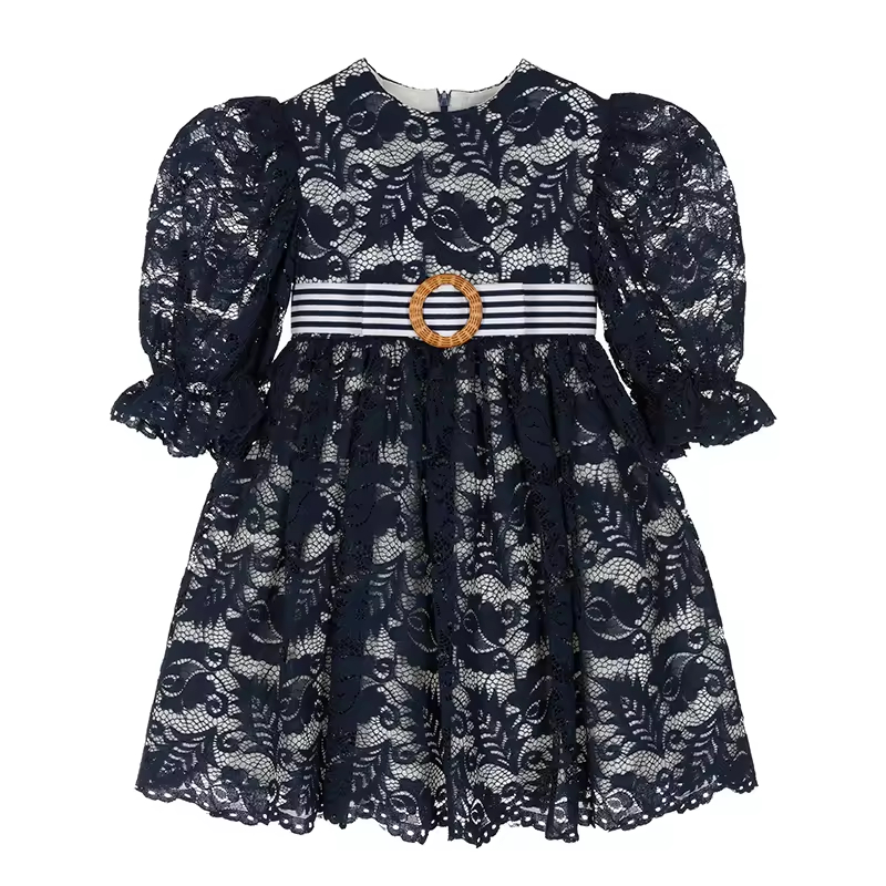 New Design Summer 1-8 Years Baby Girl Bubble Half-Sleeve Dress Fashion Back Lace Evening Dresses