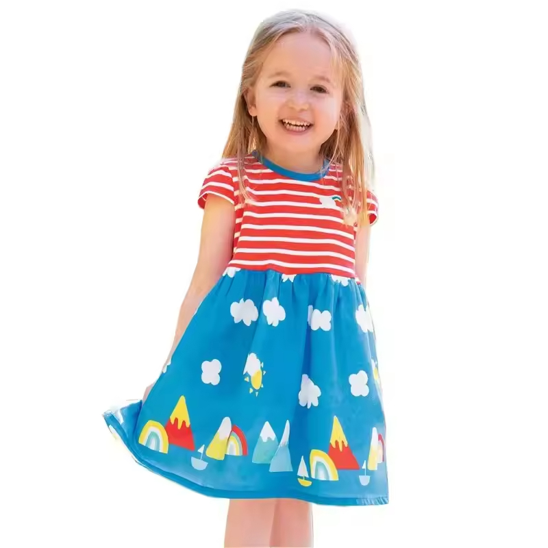 Short Sleeve Cotton Dress for Seven-Year-Old Girls Frocks for Children